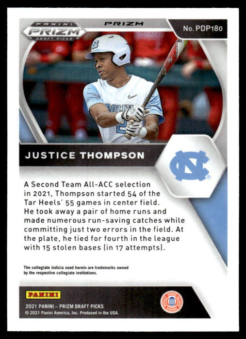 Justice Thompson 2021 Panini Prizm Draft Picks Baseball Blue Back of Card