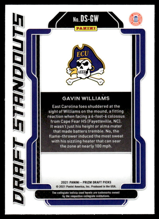 Gavin Williams 2021 Panini Prizm Draft Picks Baseball Draft Standouts Back of Card