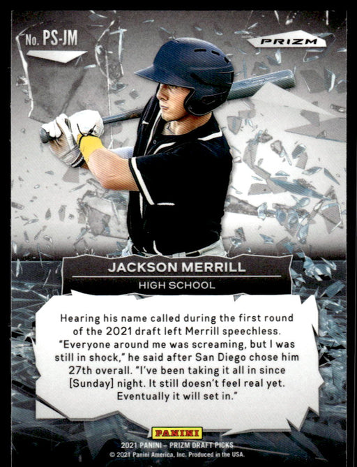 Jackson Merrill 2021 Panini Prizm Draft Picks Baseball Power Surge Silver Back of Card