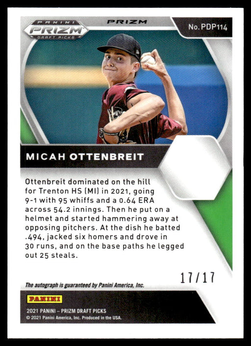 Micah Ottenbreit 2021 Panini Prizm Draft Picks Baseball Power Plaid Back of Card