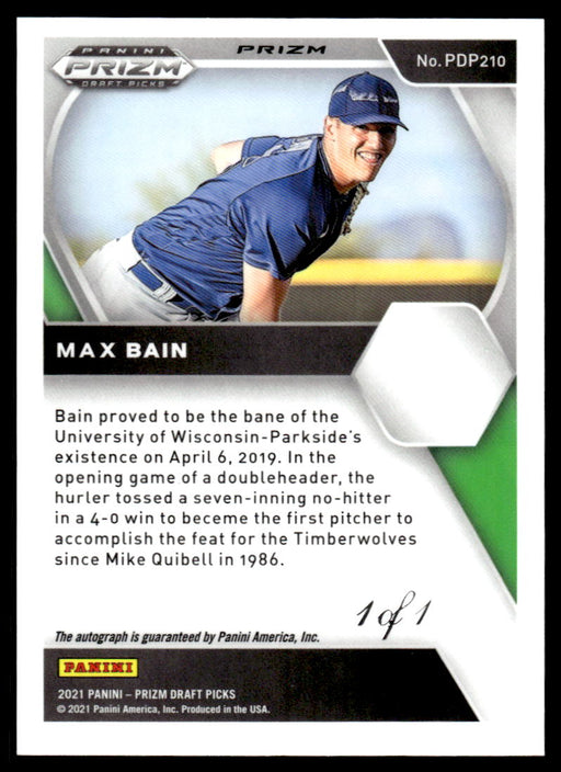 Max Bain 2021 Panini Prizm Draft Picks Baseball Gold Vinyl Back of Card