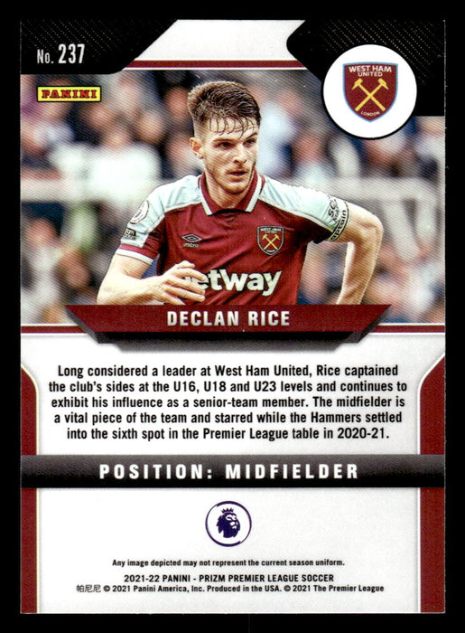 Declan Rice 2021-22 Panini Prizm Premier League Base Back of Card