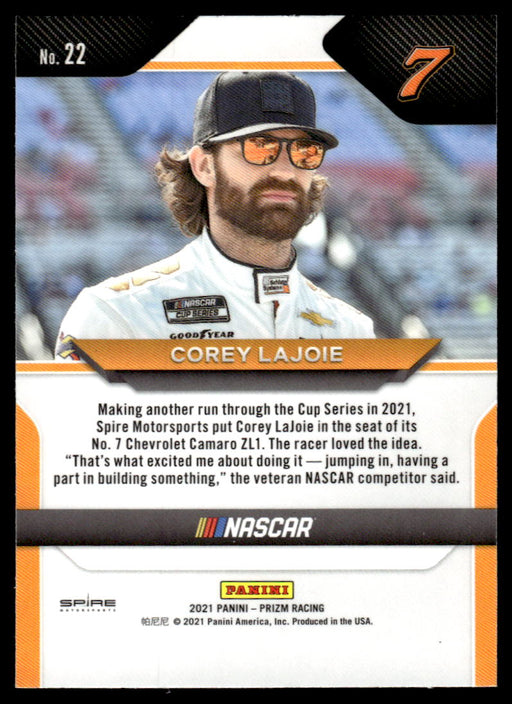 Corey LaJoie 2021 Panini Prizm Racing Base Back of Card