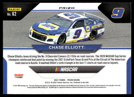 Chase Elliott 2021 Panini Prizm Red Prizm Wheels Back of Card