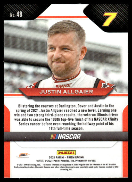 Justin Allgaier 2021 Panini Prizm Racing Base Back of Card