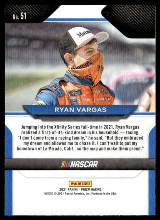 Ryan Vargas 2021 Panini Prizm Racing Base Back of Card