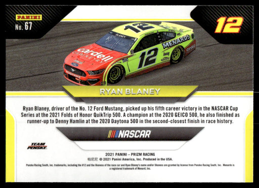 Ryan Blaney 2021 Panini Prizm Racing Wheels Back of Card