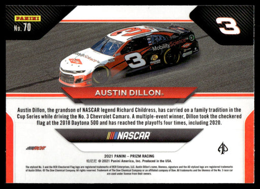 Austin Dillon 2021 Panini Prizm Racing Wheels Back of Card