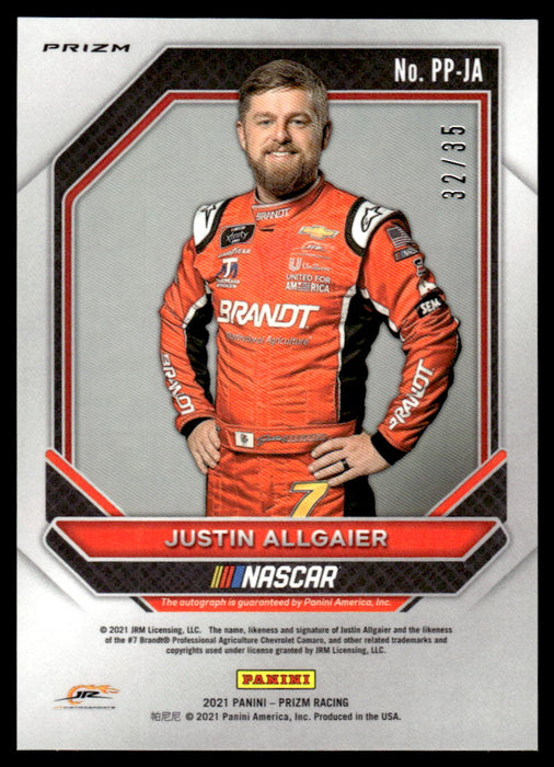 Justin Allgaier 2021 Panini Prizm Purple Velocity Patented Penmanship Back of Card