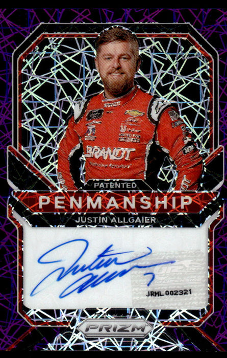 Justin Allgaier 2021 Panini Prizm Purple Velocity Patented Penmanship Front of Card