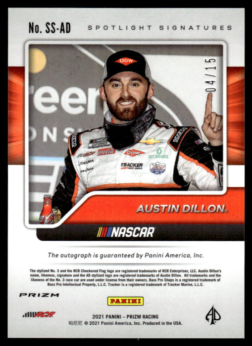 Austin Dillon 2021 Panini Prizm Hyper Red & Blue Spotlight Signatures Back of Card