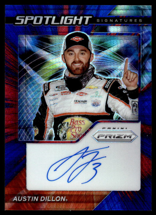 Austin Dillon 2021 Panini Prizm Hyper Red & Blue Spotlight Signatures Front of Card