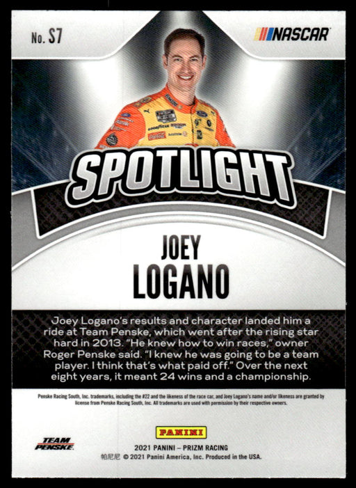 Joey Logano 2021 Panini Prizm Racing Spotlight Back of Card