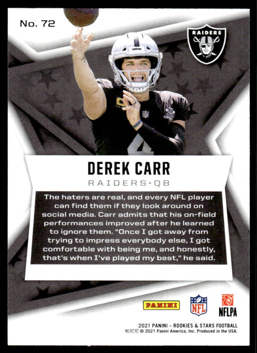 Derek Carr 2021 Panini Rookies & Stars Purple Back of Card