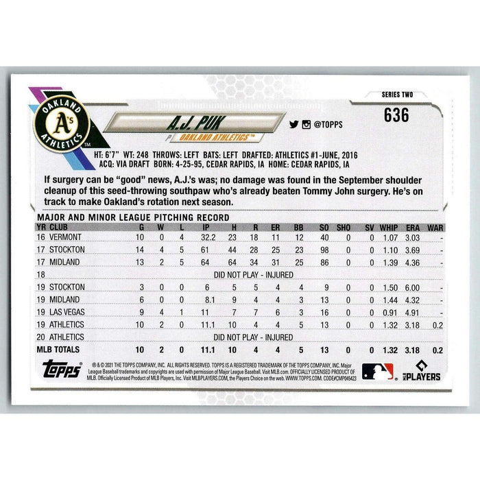 2021 Topps Baseball Complete Set A.J. Puk Oakland Athletics #636 - Collectible Craze America