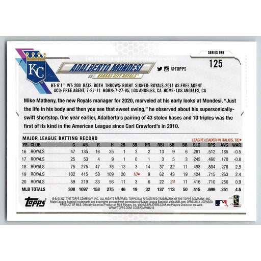 2021 Topps Baseball Complete Set Adalberto Mondesi Kansas City Royals #125 - Collectible Craze America