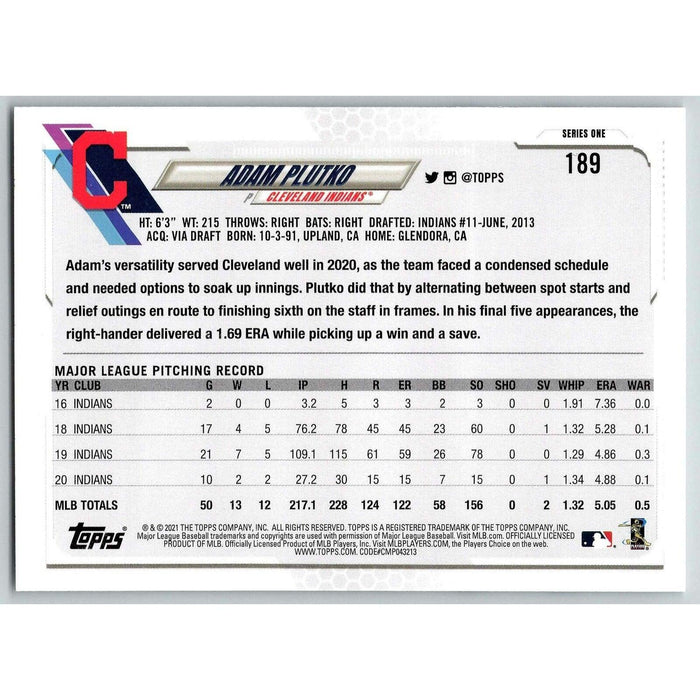 2021 Topps Baseball Complete Set Adam Plutko Cleveland Indians #189 - Collectible Craze America