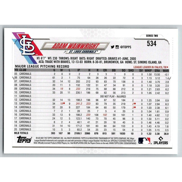 2021 Topps Baseball Complete Set Adam Wainwright St. Louis Cardinals #534 - Collectible Craze America