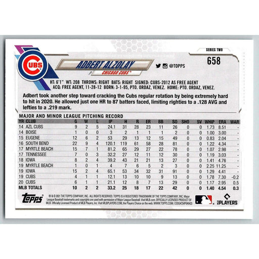 2021 Topps Baseball Complete Set Adbert Alzolay Iowa Cubs #658 - Collectible Craze America