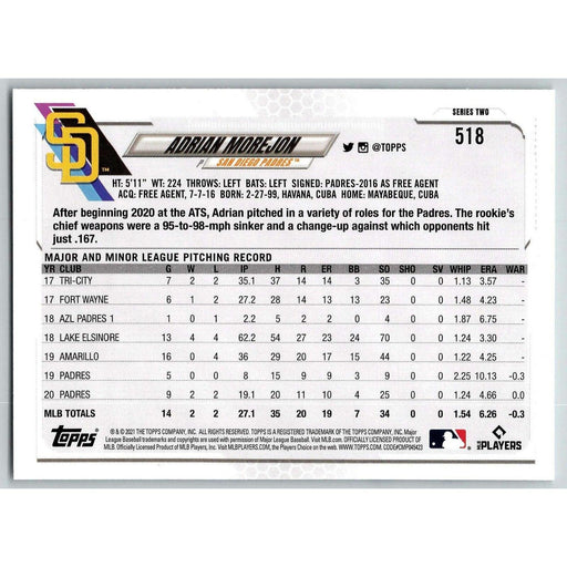 2021 Topps Baseball Complete Set Adrian Morejon San Diego Padres #518 - Collectible Craze America