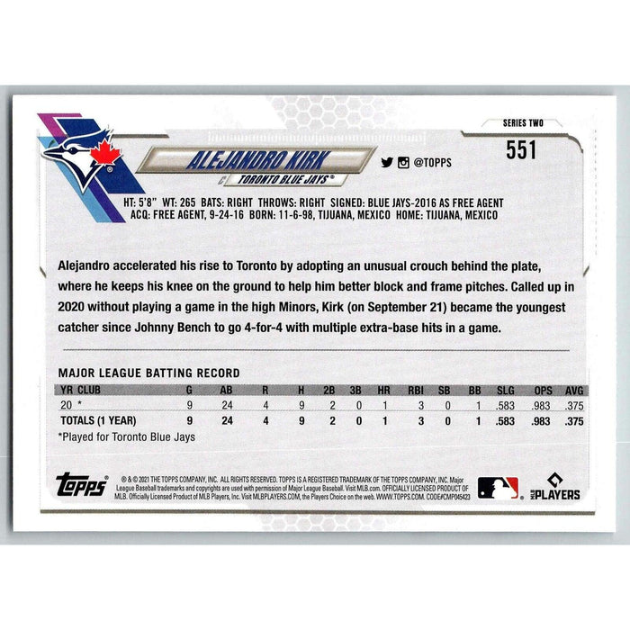 2021 Topps Baseball Complete Set Alejandro Kirk RC Toronto Blue Jays #551 - Collectible Craze America