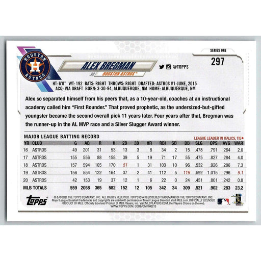 2021 Topps Baseball Complete Set Alex Bregman Houston Astros #297 - Collectible Craze America