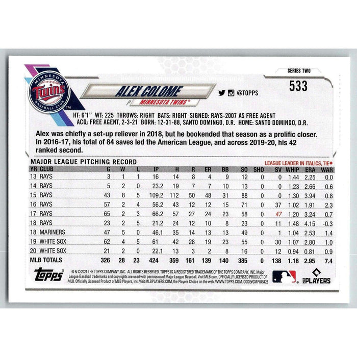 2021 Topps Baseball Complete Set Alex Colome Minnesota Twins #533 - Collectible Craze America