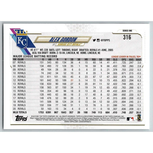 2021 Topps Baseball Complete Set Alex Gordon Kansas City Royals #316 - Collectible Craze America