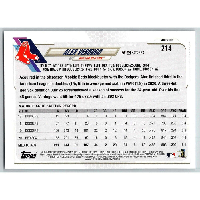 2021 Topps Baseball Complete Set Alex Verdugo Boston Red Sox #214 - Collectible Craze America