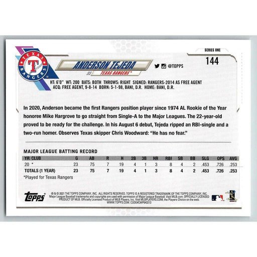 2021 Topps Baseball Complete Set Anderson Tejeda RC Texas Rangers #144 - Collectible Craze America