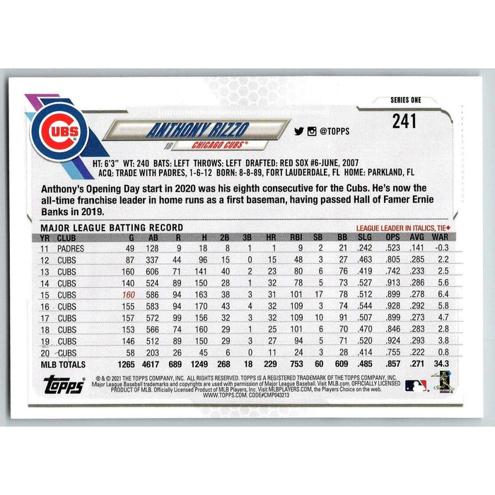 2021 Topps Baseball Complete Set Anthony Rizzo Chicago Cubs #241 - Collectible Craze America