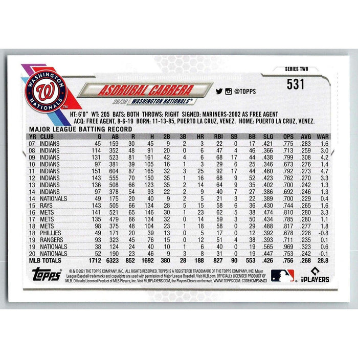 2021 Topps Baseball Complete Set Asdrubal Cabrera Washington Nationals #531 - Collectible Craze America