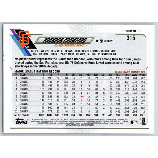 2021 Topps Baseball Complete Set Brandon Crawford San Francisco Giants #315 - Collectible Craze America