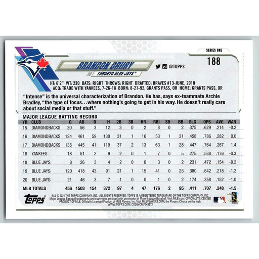 2021 Topps Baseball Complete Set Brandon Drury Toronto Blue Jays #188 - Collectible Craze America