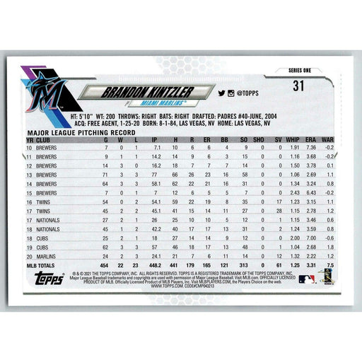 2021 Topps Baseball Complete Set Brandon Kintzler Miami Marlins #31 - Collectible Craze America