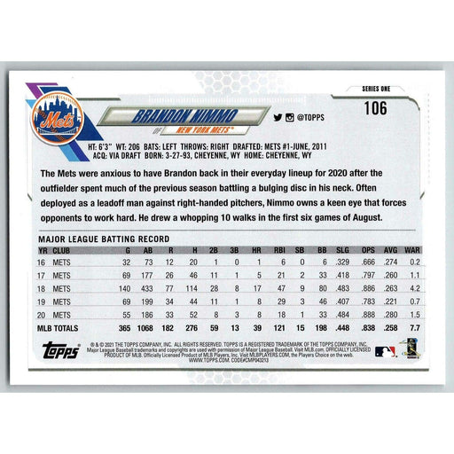 2021 Topps Baseball Complete Set Brandon Nimmo New York Mets #106 - Collectible Craze America