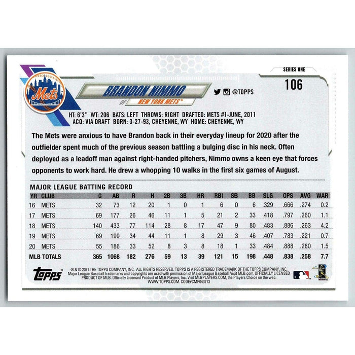 2021 Topps Baseball Complete Set Brandon Nimmo New York Mets #106 - Collectible Craze America