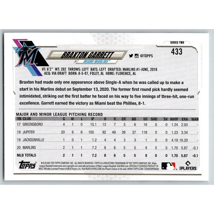 2021 Topps Baseball Complete Set Braxton Garrett RC Miami Marlins #433 - Collectible Craze America