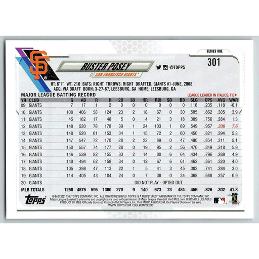 2021 Topps Baseball Complete Set Buster Posey San Francisco Giants #301 - Collectible Craze America