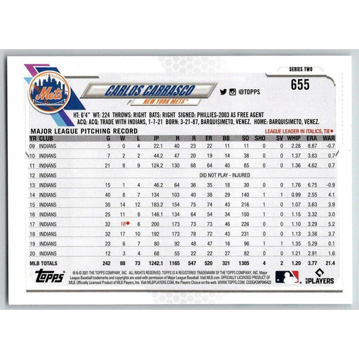 2021 Topps Baseball Complete Set Carlos Carrasco New York Mets #655 - Collectible Craze America