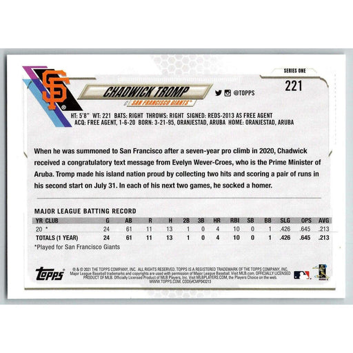 2021 Topps Baseball Complete Set Chadwick Tromp RC San Francisco Giants #221 - Collectible Craze America