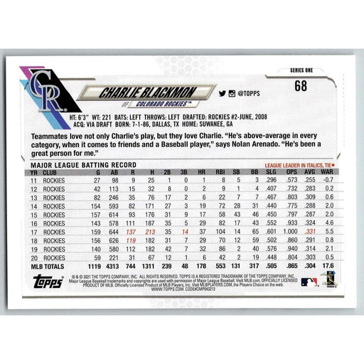 2021 Topps Baseball Complete Set Charlie Blackmon Colorado Rockies #68 - Collectible Craze America