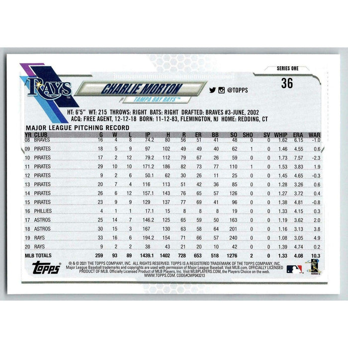 2021 Topps Baseball Complete Set Charlie Morton Tampa Bay Rays #36 - Collectible Craze America