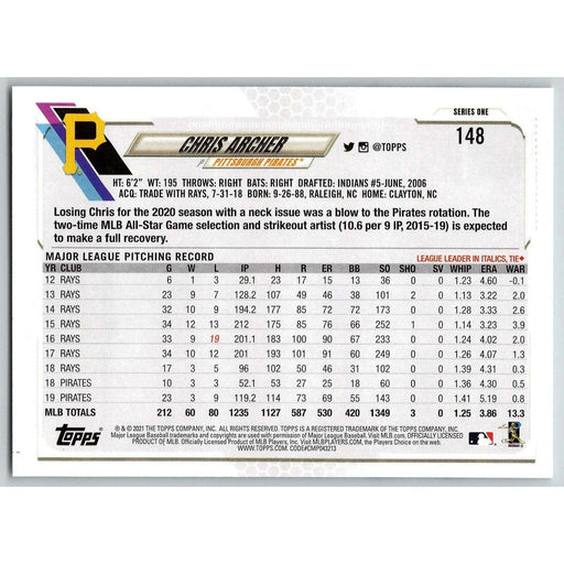 2021 Topps Baseball Complete Set Chris Archer Pittsburgh Pirates #148 - Collectible Craze America