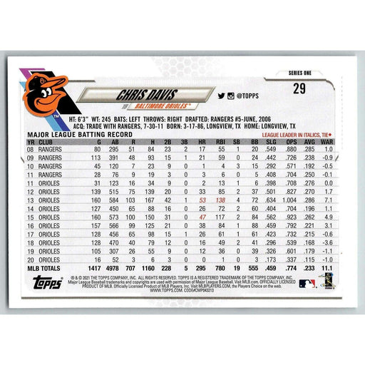 2021 Topps Baseball Complete Set Chris Davis Baltimore Orioles #29 - Collectible Craze America