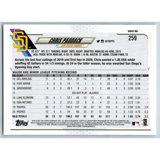 2021 Topps Baseball Complete Set Chris Paddack RC San Diego Padres #259 - Collectible Craze America