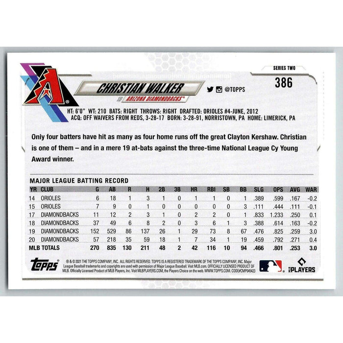 2021 Topps Baseball Complete Set Christian Walker Arizona Diamondbacks #386 - Collectible Craze America