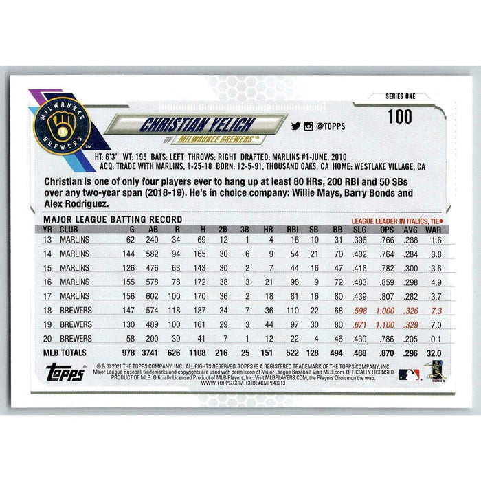 2021 Topps Baseball Complete Set Christian Yelich Milwaukee Brewers #100 - Collectible Craze America