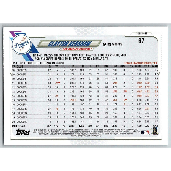 2021 Topps Baseball Complete Set Clayton Kershaw Los Angeles Dodgers #67 - Collectible Craze America