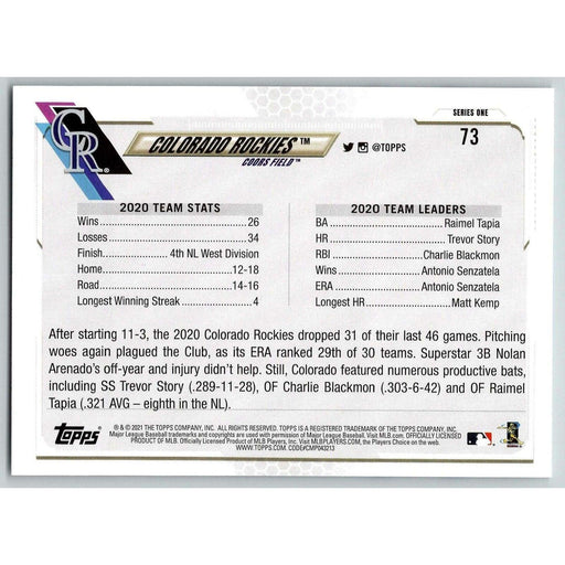 2021 Topps Baseball Complete Set Colorado Rockies Colorado Rockies #73 - Collectible Craze America
